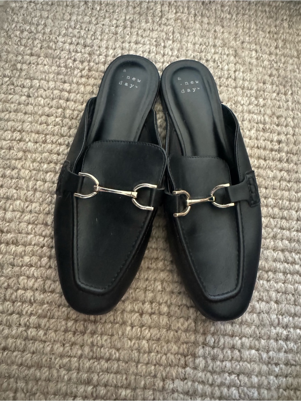 Women's Black Leather Slip-On Mules with Gold Bit